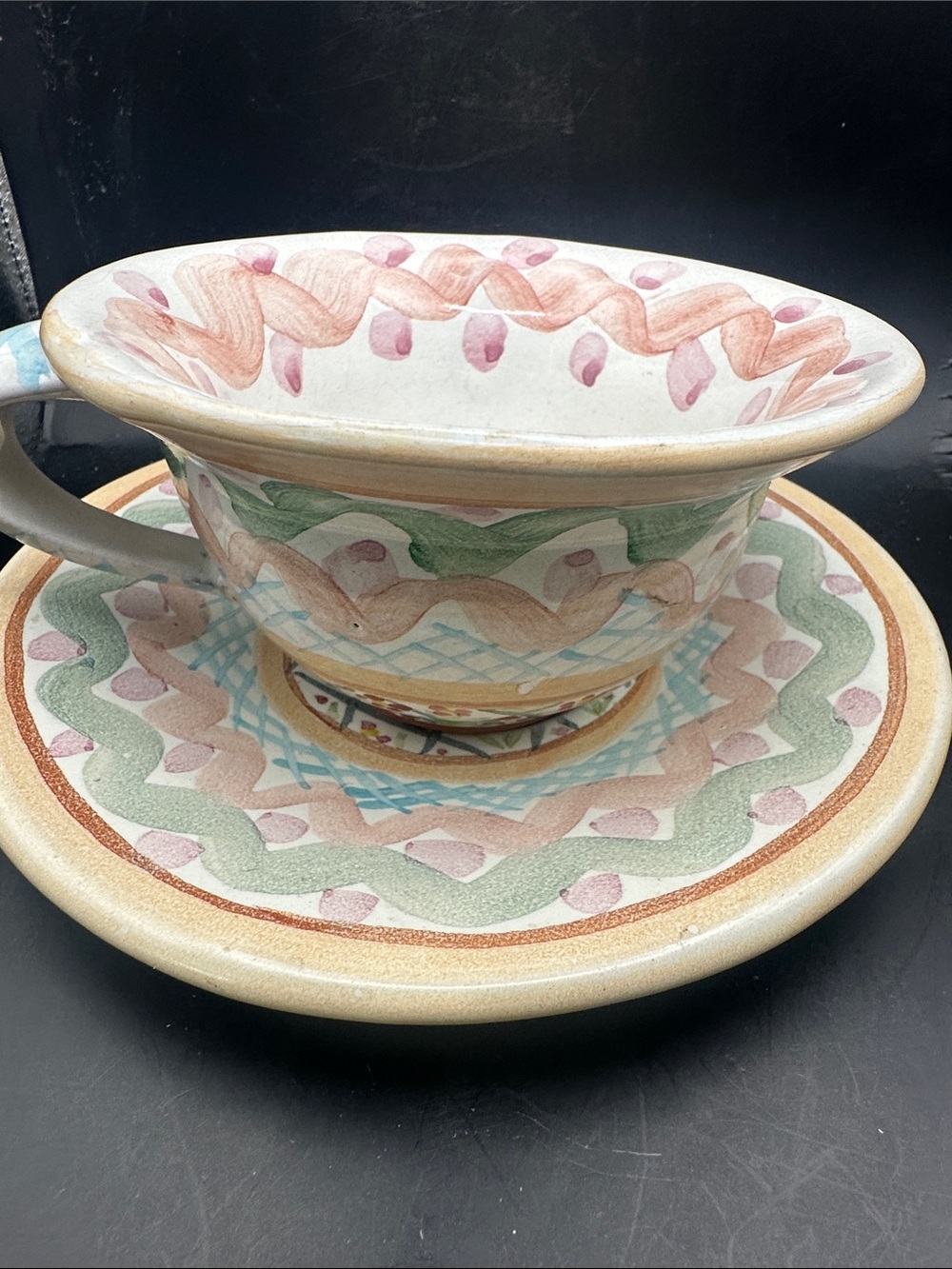 Vintage Mackenzie Childs Hand Painted Ceramic Tea Cup Set Maker's Mark Stamped